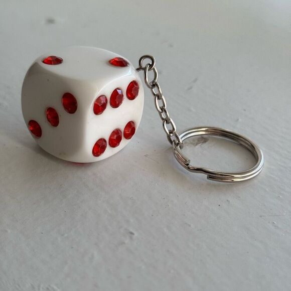 Vintage Lucky White Dice Keychain With Red Rhinestones - Picture 1 of 7